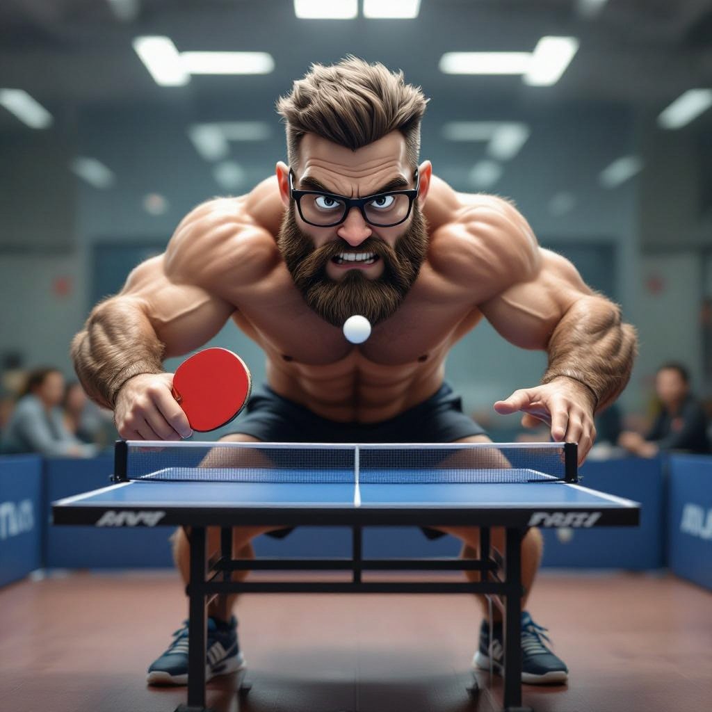 a table tennis racket with a flying ball, two hairy praccias and two hairy legs, two eyes and a mouth and glasses