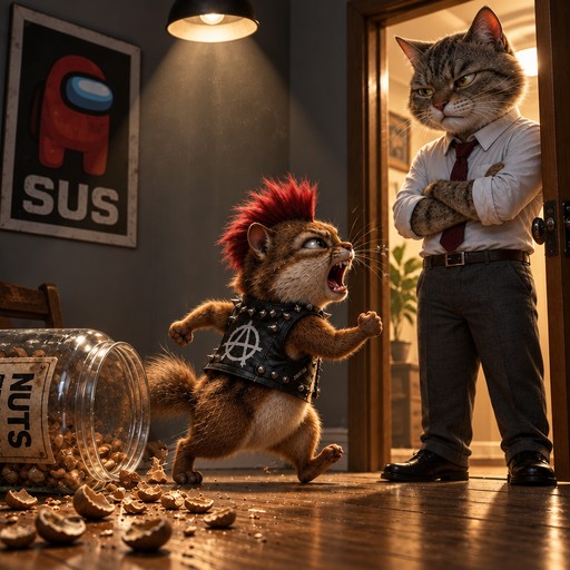 Anthropomorphic cats in clothing confront each other beside a “SUS” poster and spilled coins.