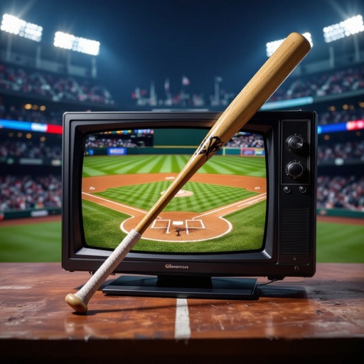 Uma tv com um taco de baseball na mão