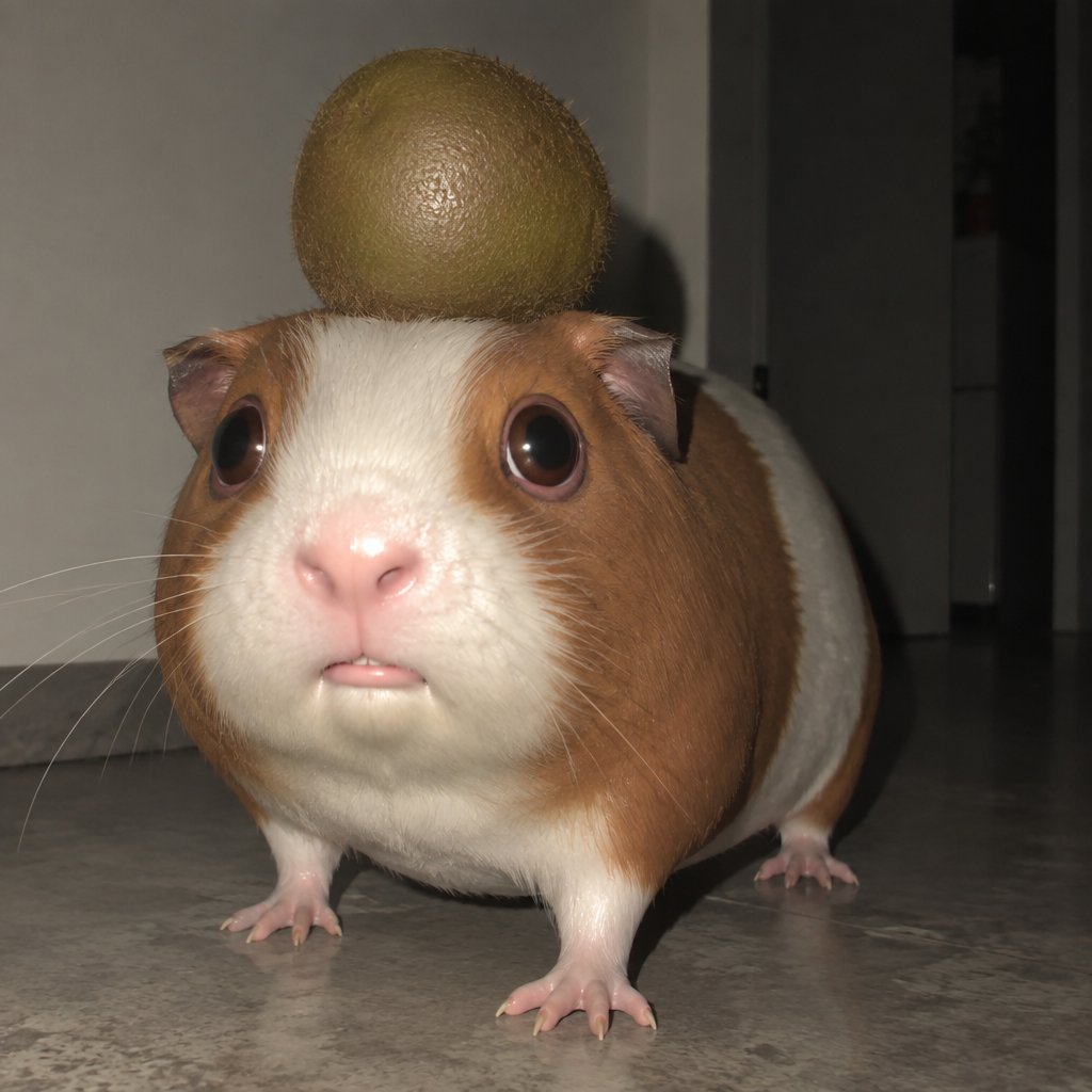 A guinea pig with a kiwi balanced on its head, in a dim room.