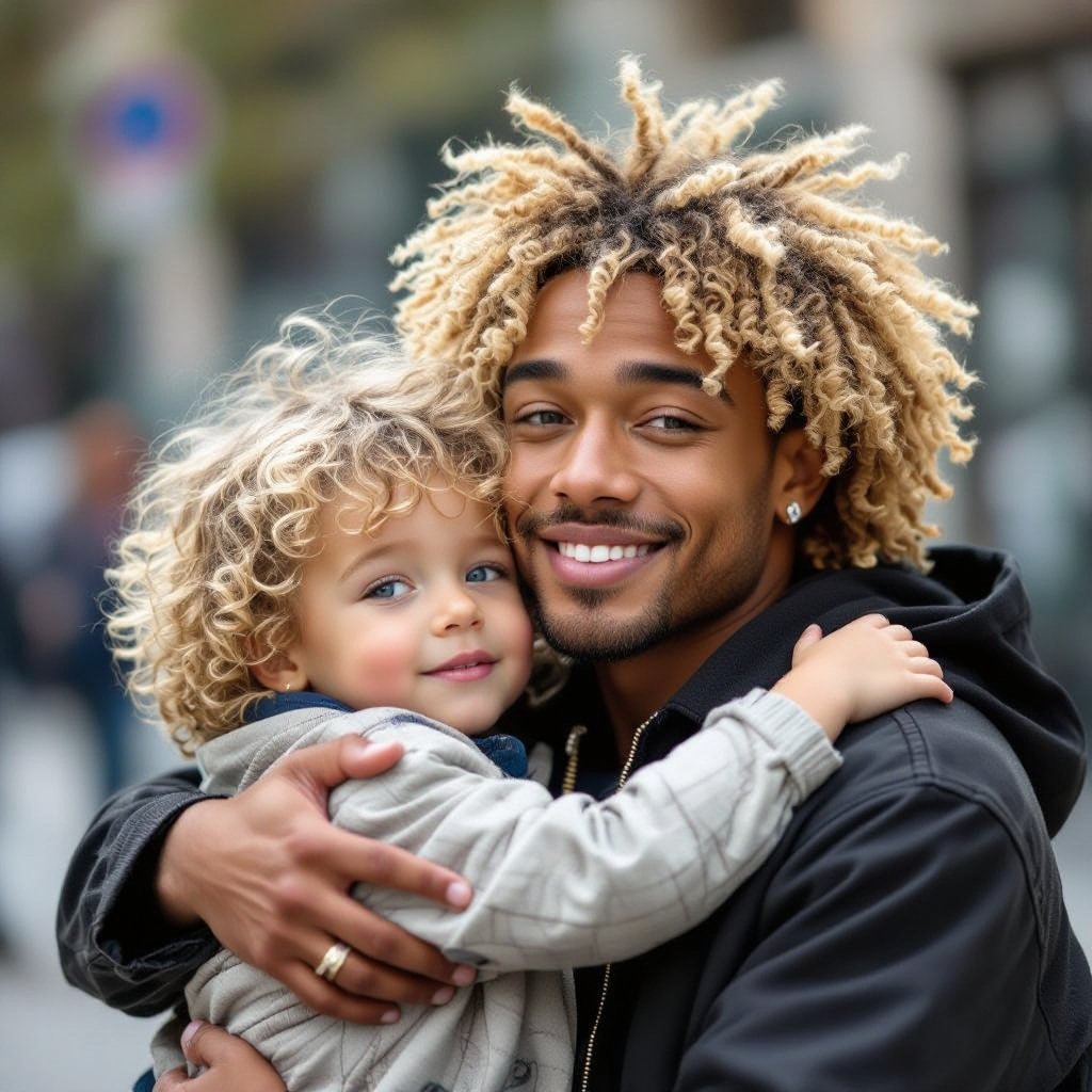 Fai shiva il rapper che abbraccia un bambino di 7 Anni Riccio capelli biondi lunghi fino al collo con gli occhi celesti e un Naso piccolo ma un po di gobba sopra
