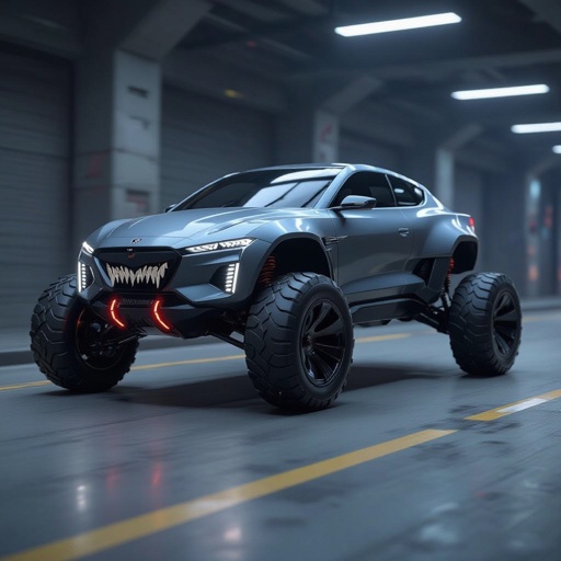 Make a car with six legs and a evil face