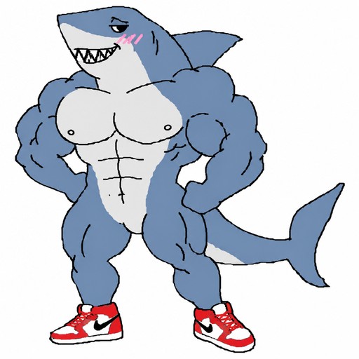 Cartoon blue shark character flexing muscular arms, wearing red sneakers.