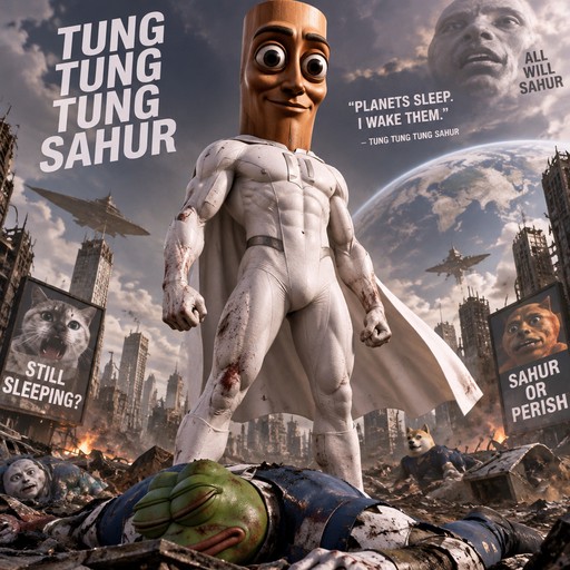 Surreal meme collage of a muscular figure, sleeping people, Earth, and bold white text.