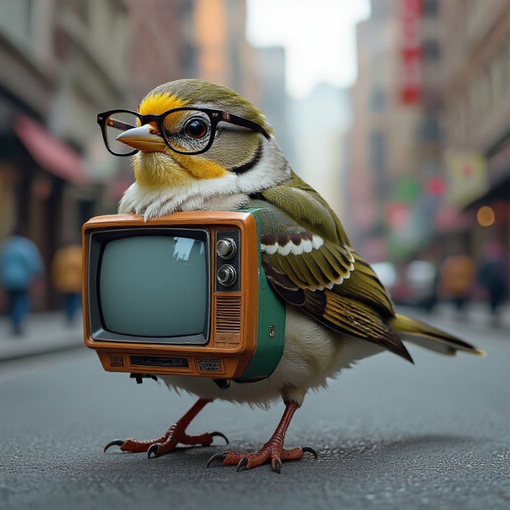 Bird head car body tv tail it has glasses and 6 legs