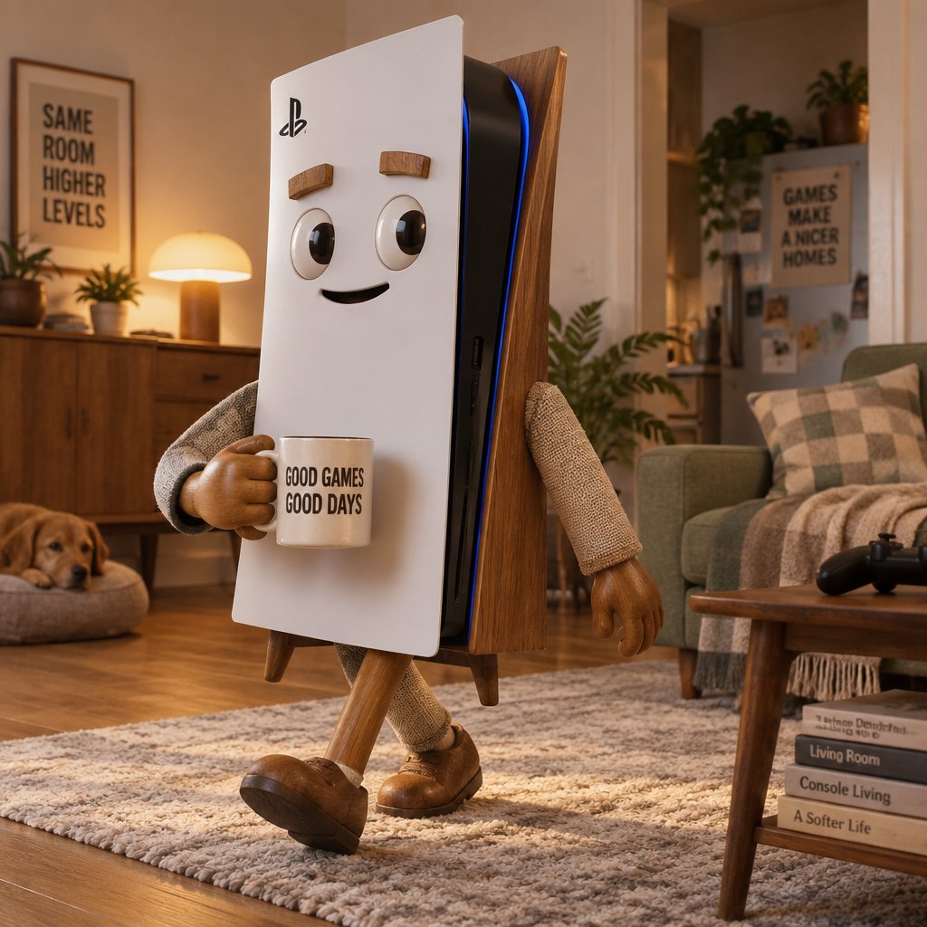 Animated game console character walking through a cozy living room.