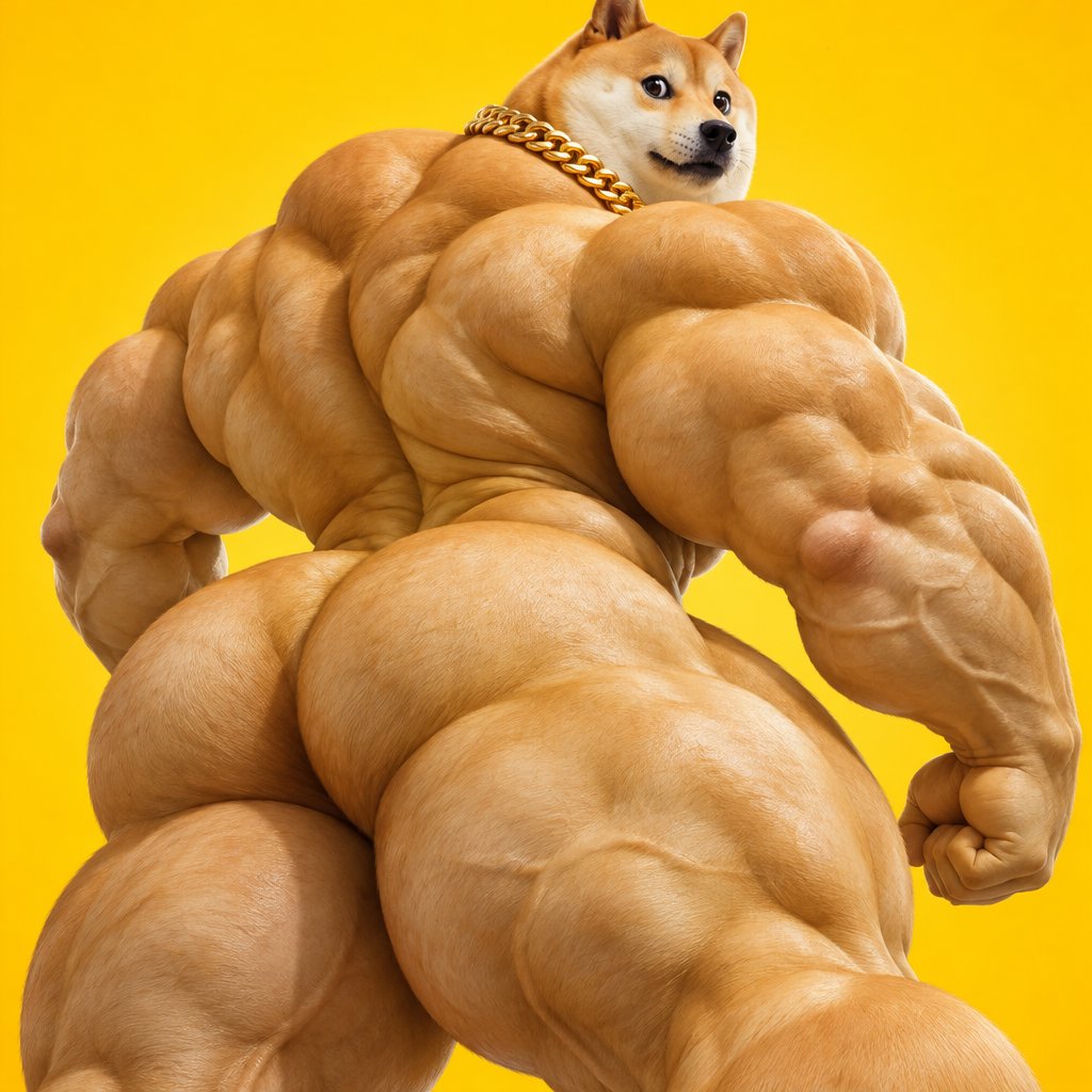 Muscular cartoon dog posing against a bright yellow background.