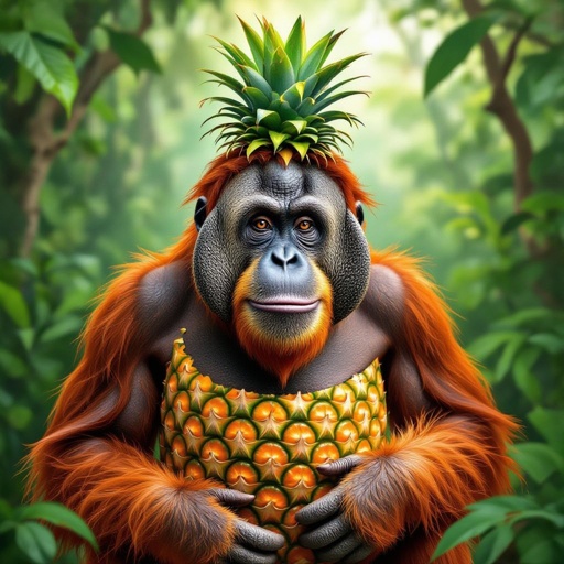 Orangutan with pineapple body pineapple hair in jungle 