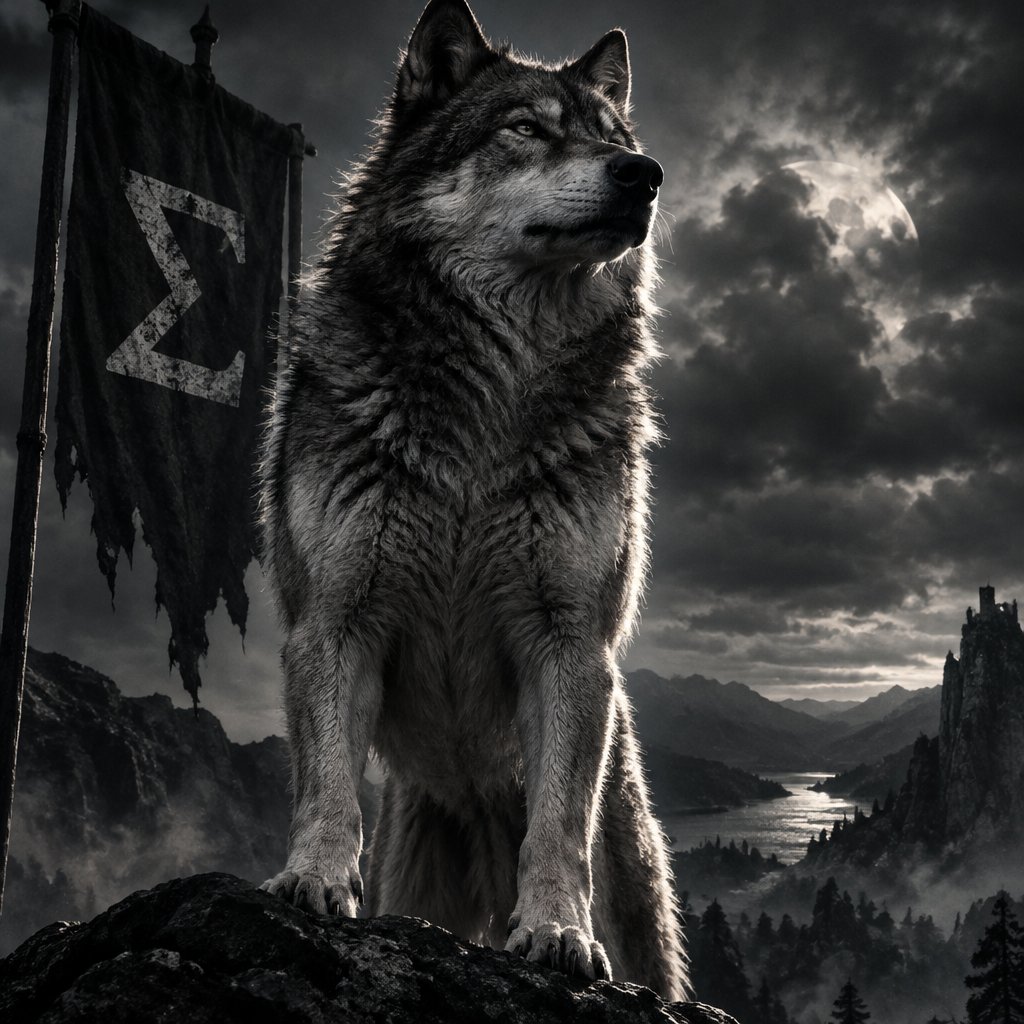 Grayscale fantasy wolf standing on a rocky mountain beneath stormy clouds