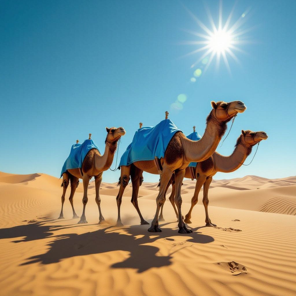 Camel blue car body 6 camel leg in desert