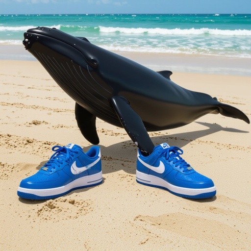 Make a whale where Nike blue shoes on the beach 