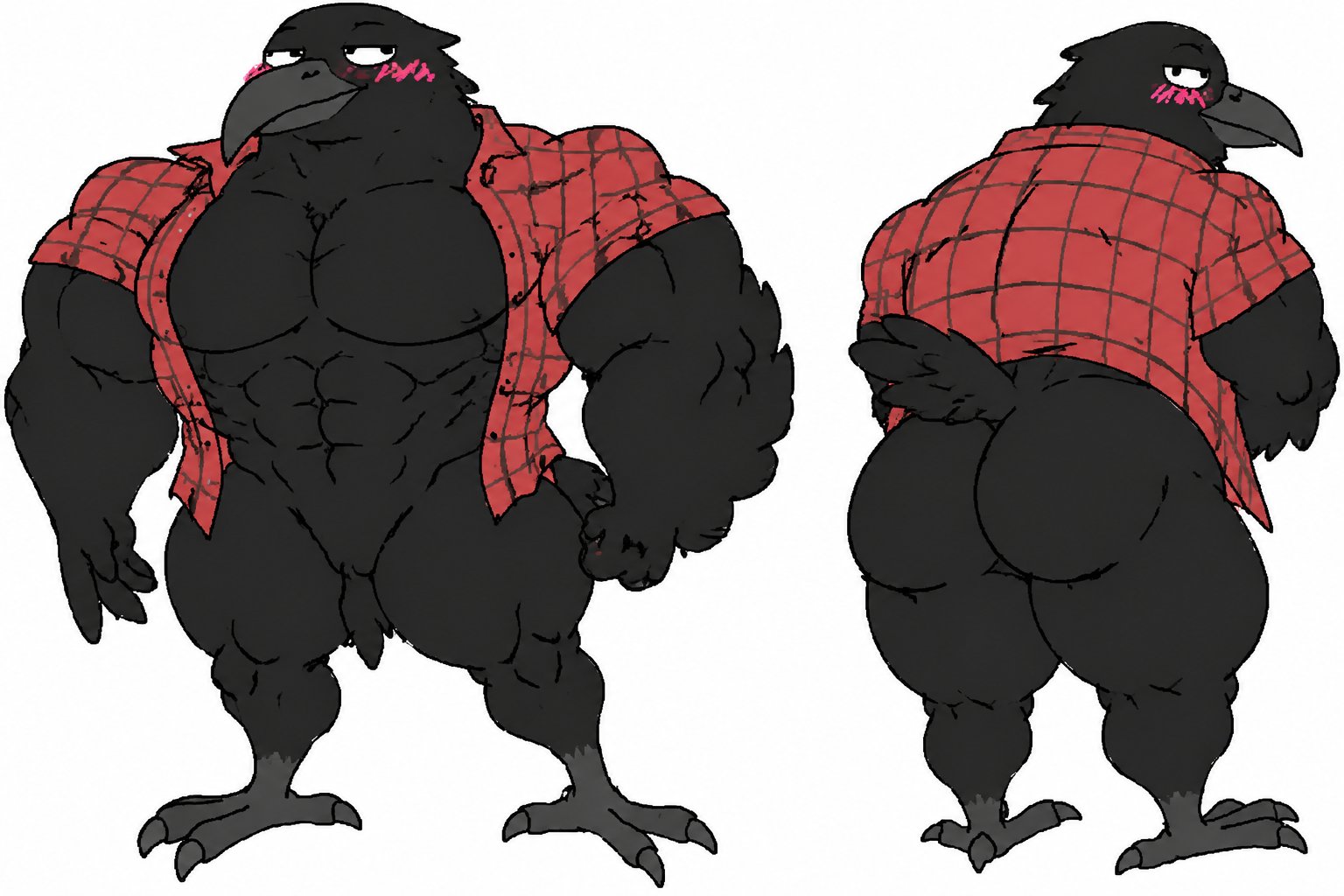 Cartoon black bird-like character wearing a red plaid shirt, shown front and back.