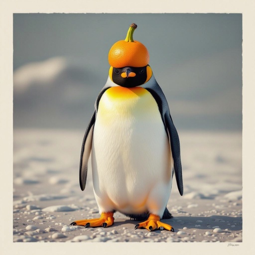 Crea l’immagine di un pinguino con la faccia da arancia, e le zampe a forma di banana