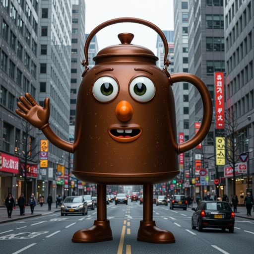 Brown kettle with 2 human leg 1 human hand 2 big eye 1 brown nose and mouth in city