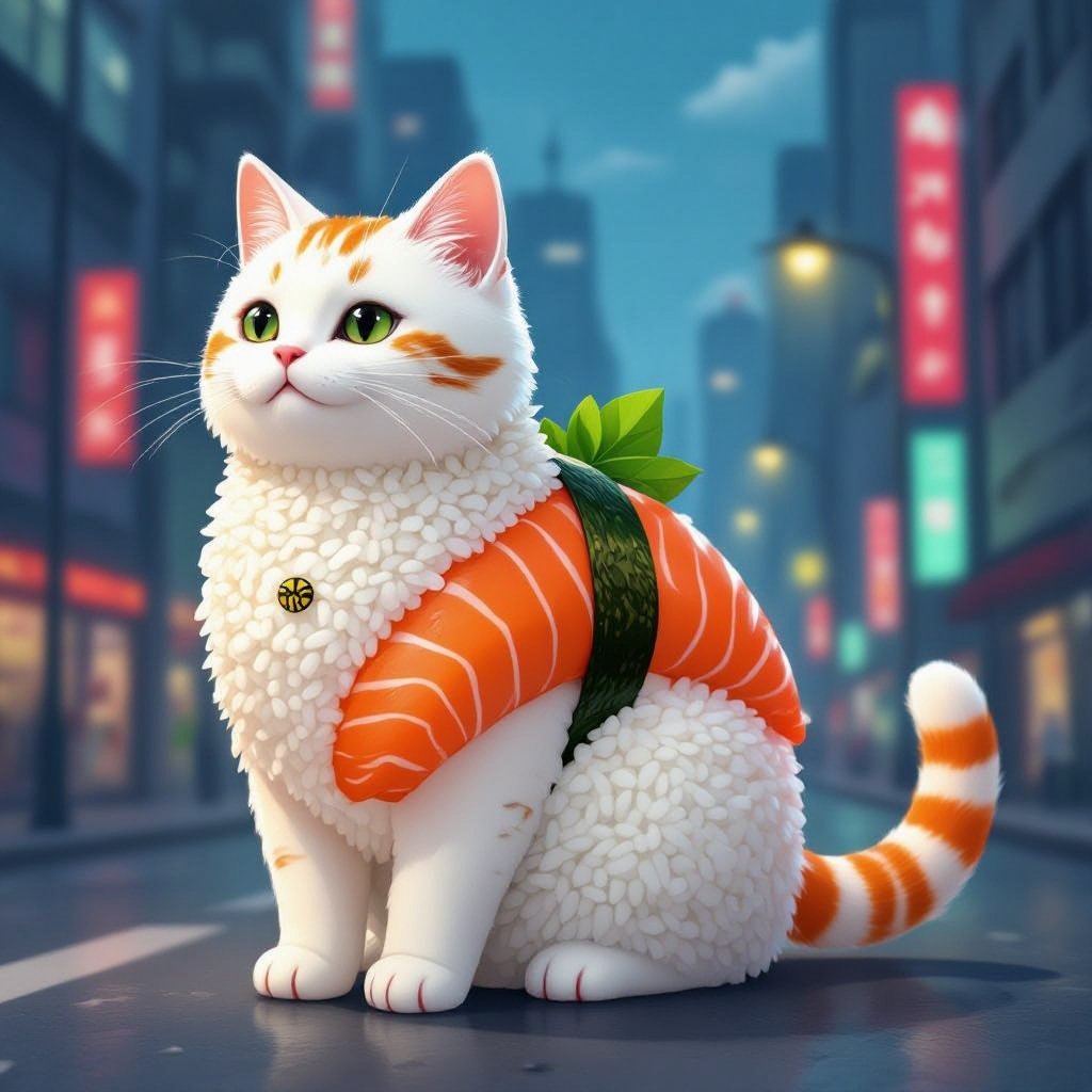 Cat with sushi body cat tail in city