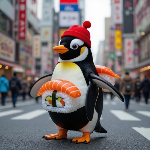 Penguin with sushi body wear sushi hat 2 penguin arm 2 penguin leg in city