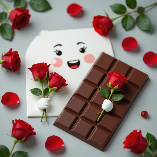 Make me a realistic chocolate with a face and mouth and hands for roses