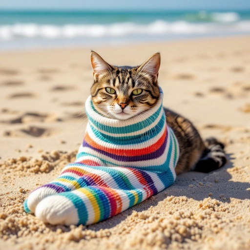 Un gatto dentro un calzino sulla spiaggia