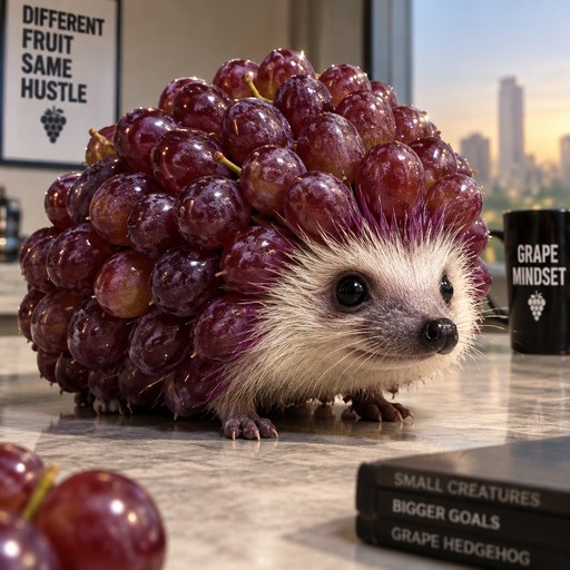 Surreal hedgehog with purple grapes on its back beside fruit-themed signs in a city café.