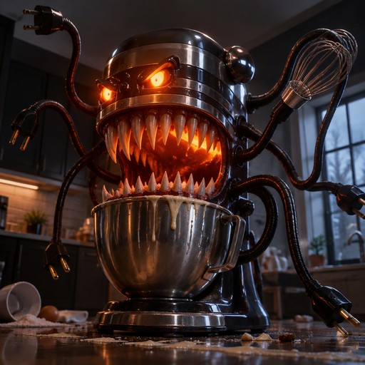 Glowing-eyed robotic mixer with sharp teeth in a dark kitchen scene