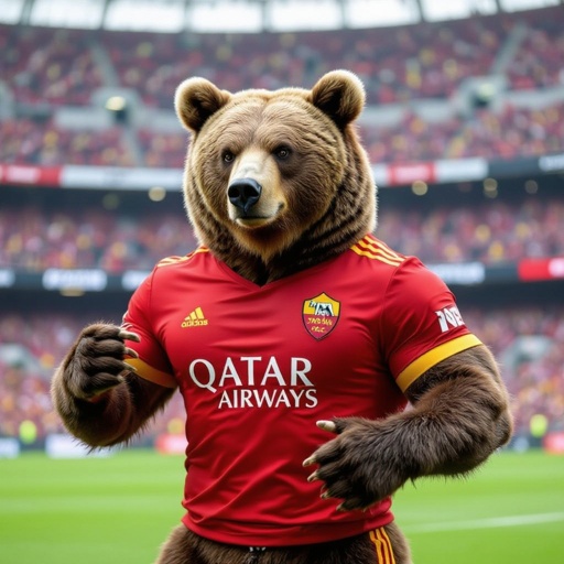 Un orso muscoloso allo stadio con la maglia della Roma