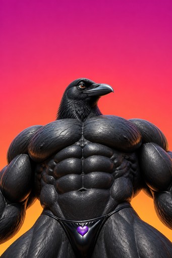 Stylized muscular black bird character posing against a pink and orange gradient background