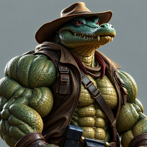 Stylized muscular anthropomorphic crocodile wearing a cowboy hat and leather vest