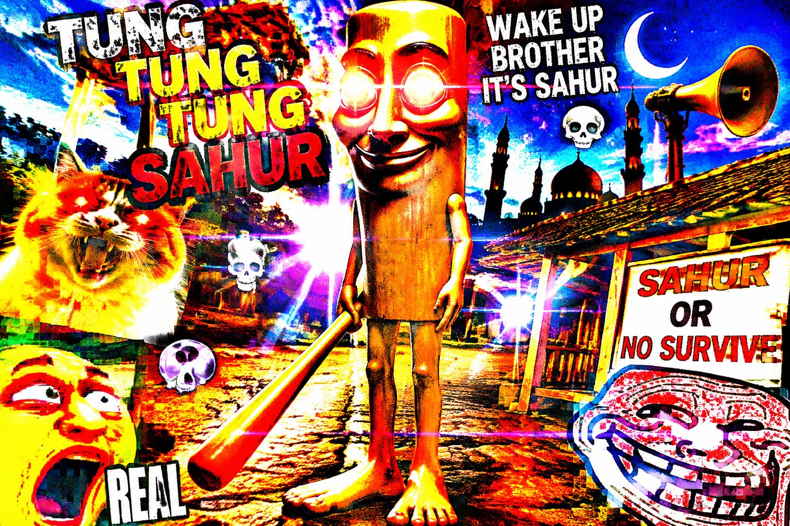 Colorful chaotic meme collage with a glowing figure, text, and cartoon faces