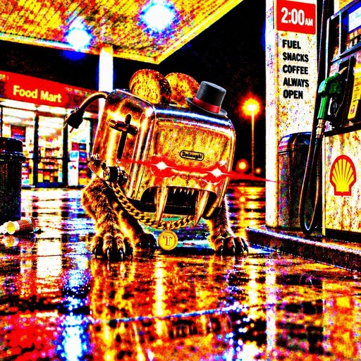 Stylized colorful creature standing at a brightly lit gas station at night