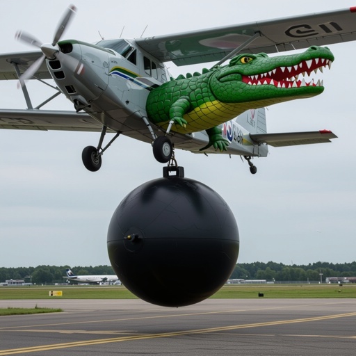 Un aereo con la faccia da coccodrillo con sotto una bomba