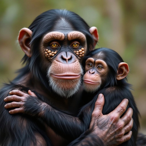 A jerk holding a chimpanzee and he has beans for eyes