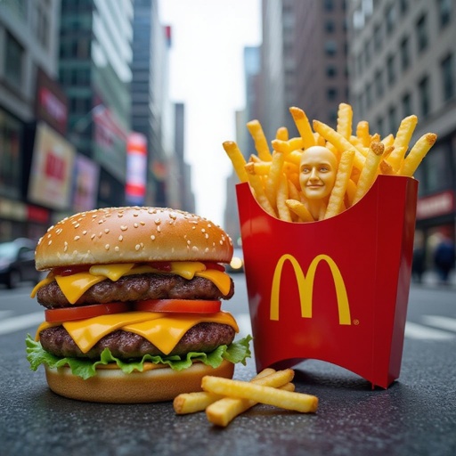 Cheeseburger with human face 2 human leg and fries with human face 2 human leg in city