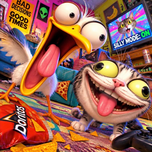 Colorful cartoon birds and cats with exaggerated expressions beside snacks and a game controller