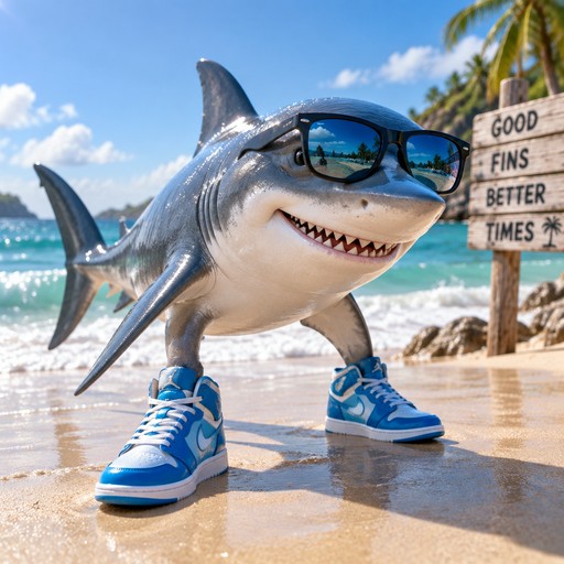 Cartoon shark wearing sunglasses and blue sneakers beside a beach sign.