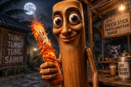 A wooden food character holds a flaming skewer in a nighttime street market.
