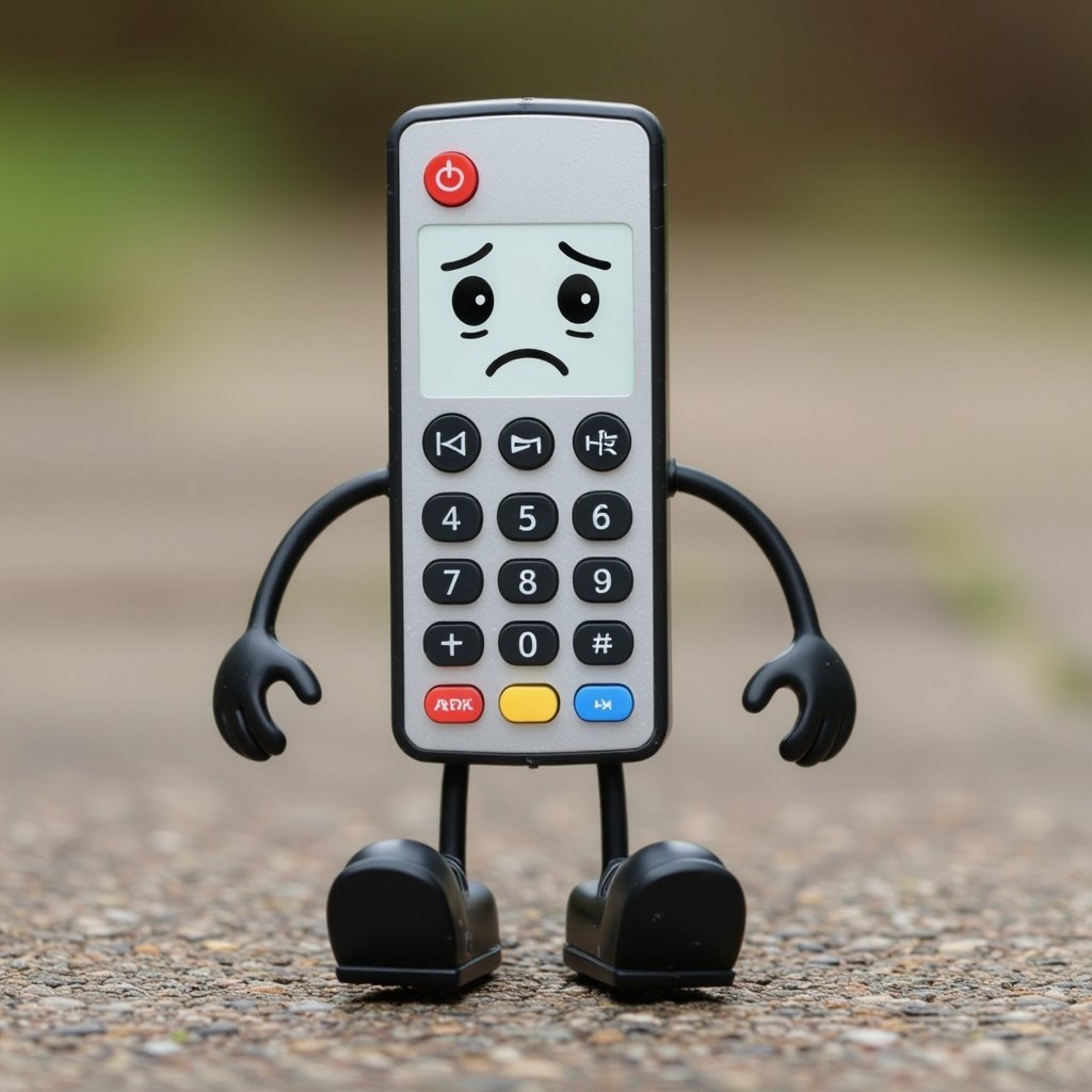 Um controle de televisão com pernas e braços, triste