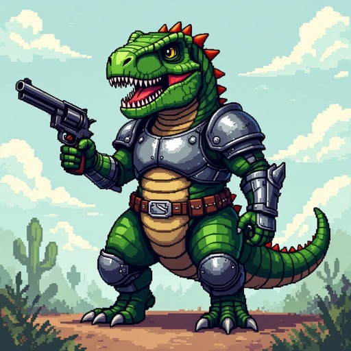 Un T-Rex fatto in pixel Art con un armatura e delle braccia umane con una pistola in mano(o una revolver se vuoi).    (: