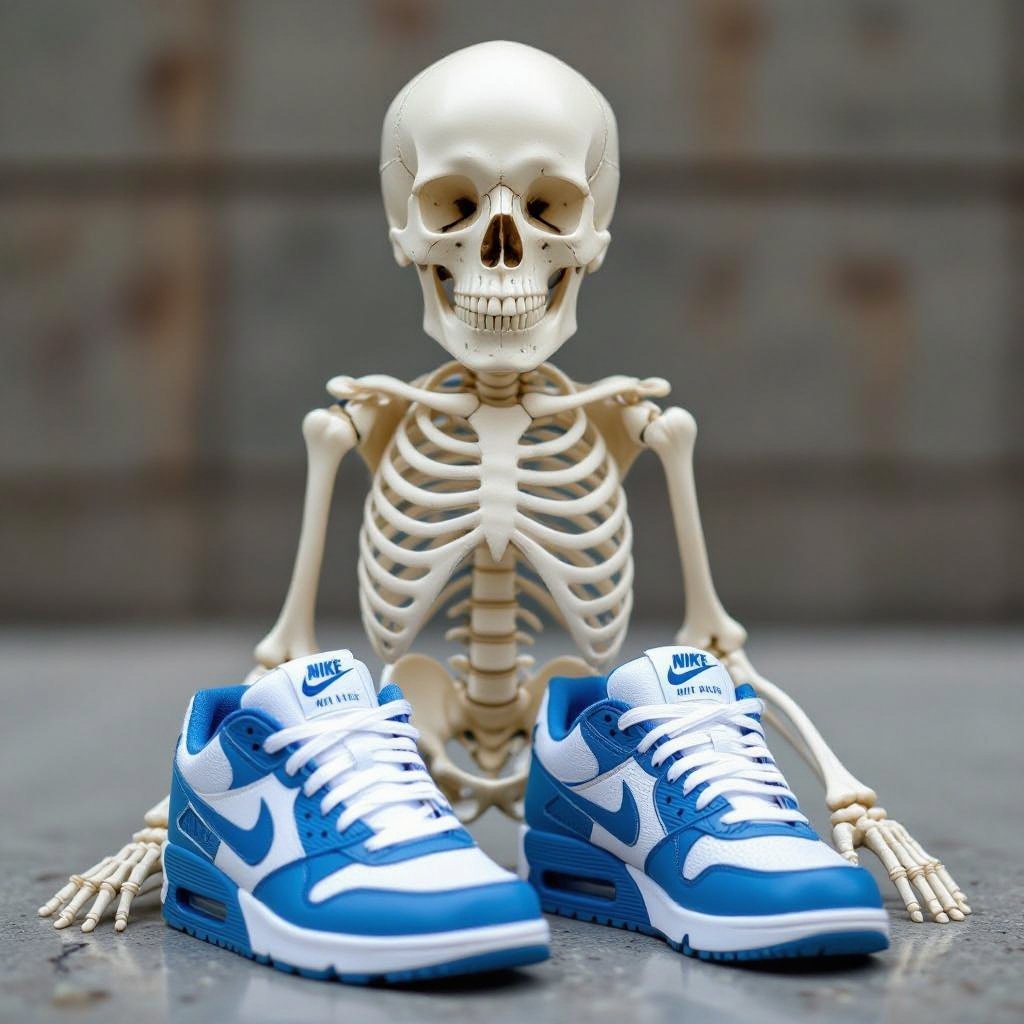 Corpo humano inteiro pequeno de osso com tênis da Nike no pé. Bem realista