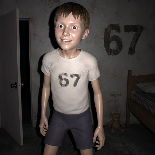 A person wearing a “67” shirt stands indoors beside a wall marked “67”