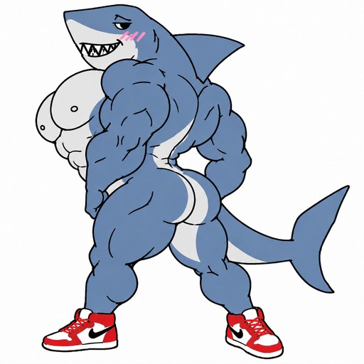 Muscular blue shark character flexing in red-and-white sneakers, cartoon style