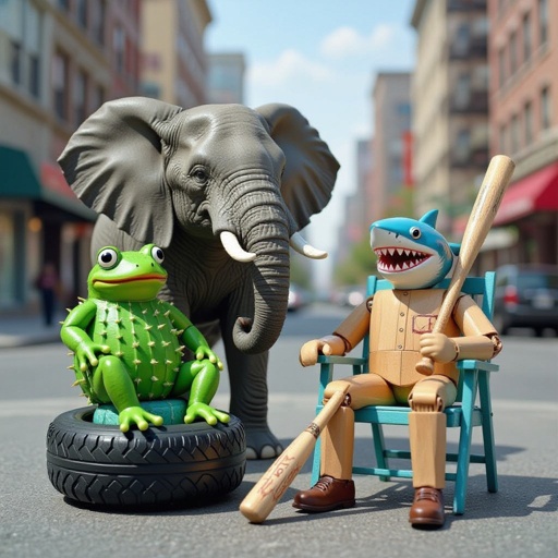 Elephant with cactus body with tire with frog head and shark head with wood man with baseball bat sitting on cyan chair in city
