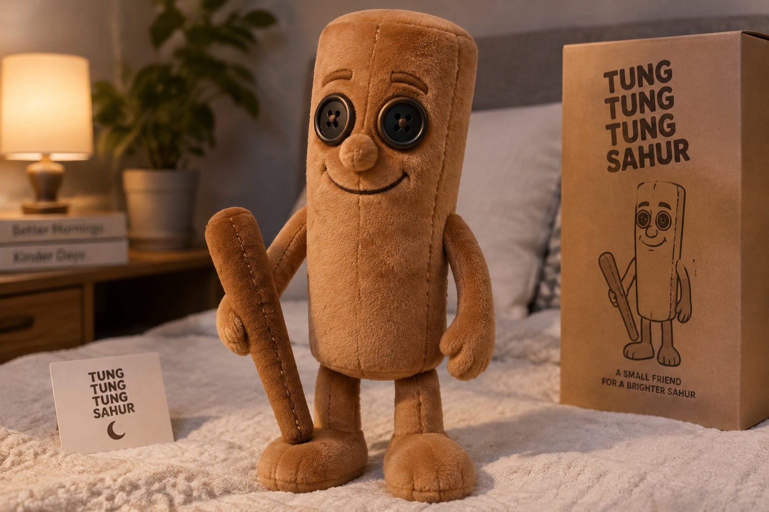 3D animated bread character with a box and cup on a bedroom rug