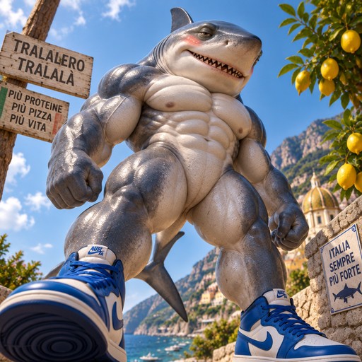 Cartoon shark character towering over a sunny coastal village with citrus trees