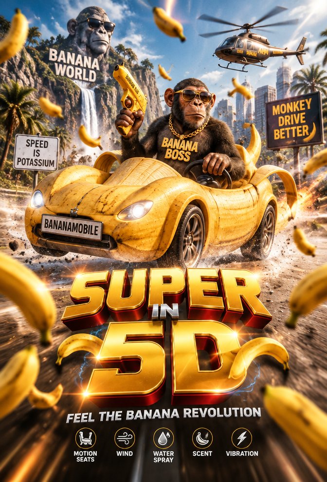 Cartoon banana-world poster with a golden sports car, helicopters, and bold yellow text