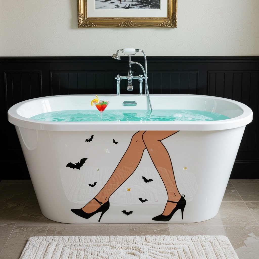 Vasca da bagno ma con le scarpe che cammina con un cocktail in mano