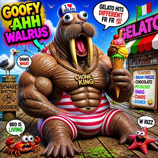 Cartoon walrus king holding ice cream cone with colorful surreal meme text.