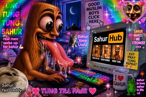 Colorful cartoon meme of a person at a glowing computer with neon text and decorations
