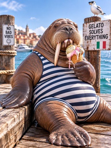 Cartoon walrus in striped shirt eating gelato beside colorful waterfront signs