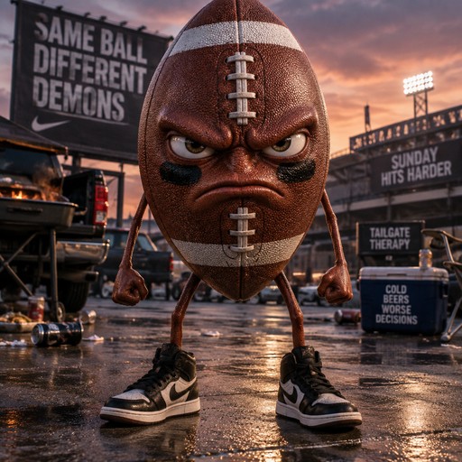 a football that looks angry with eye black under his eyes, skinny arms and legs