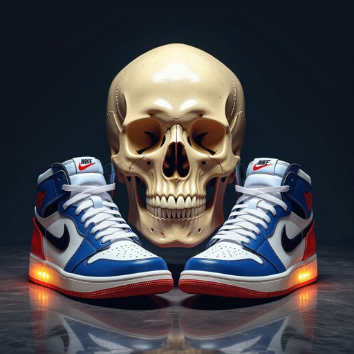 Corpo humano de caveira com tênis da Nike. Bem realista